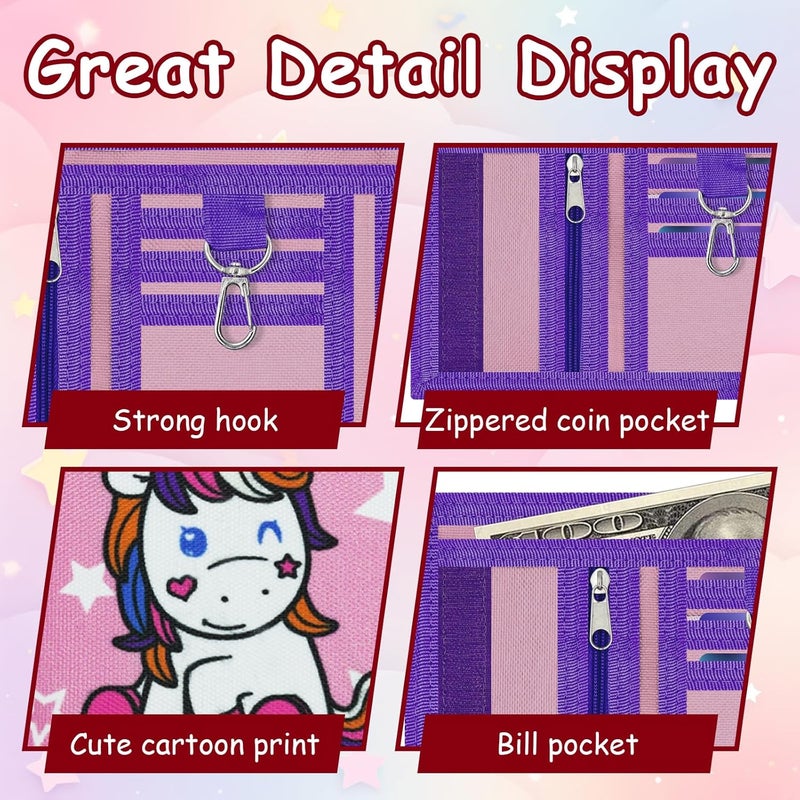 Sundee RFID Blocking Wallet,3 Packs Kids Wallet Bulk,Mini Trifold Coin Purse Cartoon Wallet,Front Pocket Wallet with Zipper for Kids,Canvas Outdoor Sports Wallets with Magic Sticker - Pink Animals - Image 2
